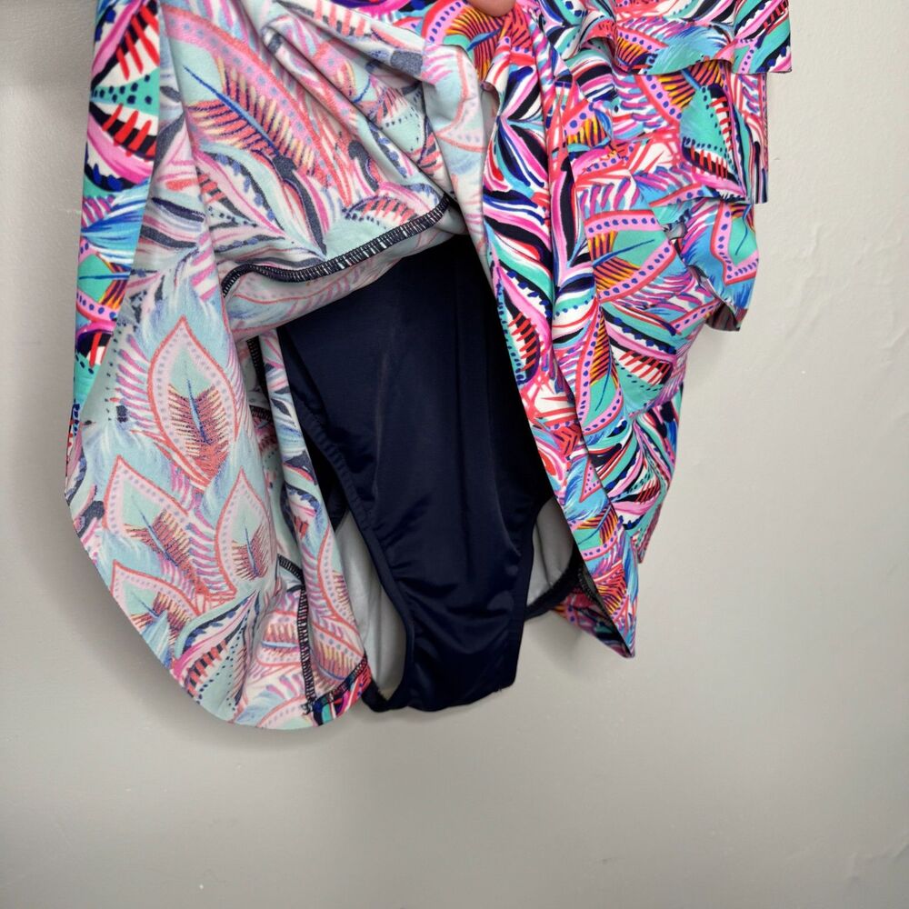 Swim Solutions Womens One Piece Bathing Suit 12 Pink Blue Tropical Tiered Resort - Picture 8 of 12